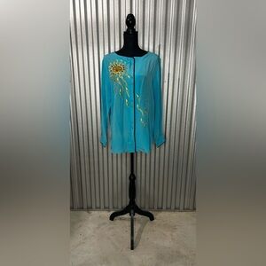 Womens Bob Mackie Blue Silk Geometric Button Down Long Sleeve Blouse Size Medium